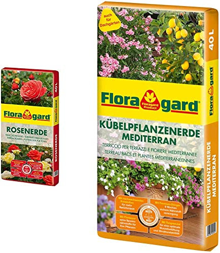 Floragard Rosenerde 40 Liter - torfreduzierte Spezialerde mit Ton für Rosen im Garten und im Kübel & Kübelpflanzenerde mediterran 40 L - Spezialerde für große Kübel Zitruspflanzen