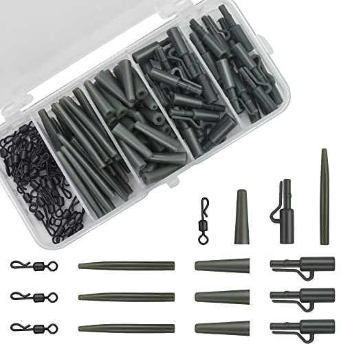 OKUYAN 120PCS Carp Lead Clip Set Carp Fishing Terminal Tackle Plastic Anti Tangle Sleeves Quick Change Swivels Tail Rubbers Carp Fishing Accessory Set with Storage Box for Coarse Fishing(4Sizes,Green)