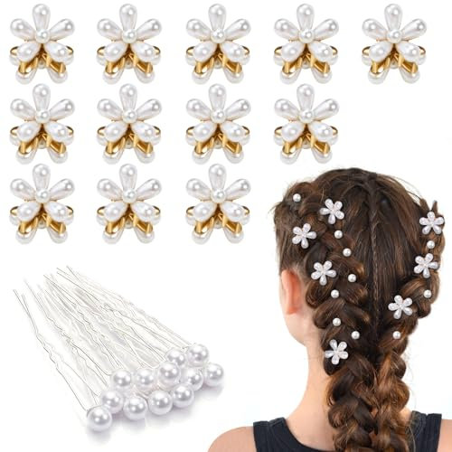 Kiiwah 24 Stück Mini Perlen-Haarklammern & Haarnadeln, Klein Blumen Haarspangen für Damen Mädchen, Retro Niedlich Haarschmuck für Täglich Geburtstag Party Hochzeit