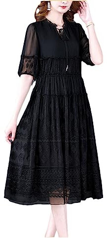 Schwarzes Frühlingskleid Halbes Bein Spitze Stickerei Ballon Ärmel Ballon Kleid für Frauen, schwarz, Large