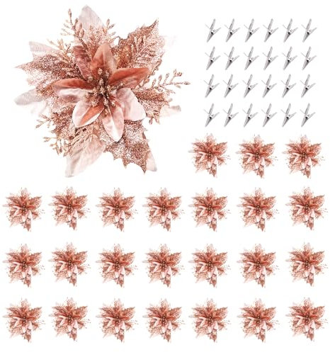 24 Stücke Weihnachten Funkeln Weihnachtsstern Blumen mit Clips Künstliche Weihnachten Blumen Glitzer Weihnachtsblume Hochzeit Weihnachtsbaum Weihnachtstürkranz Neujahr Ornamente