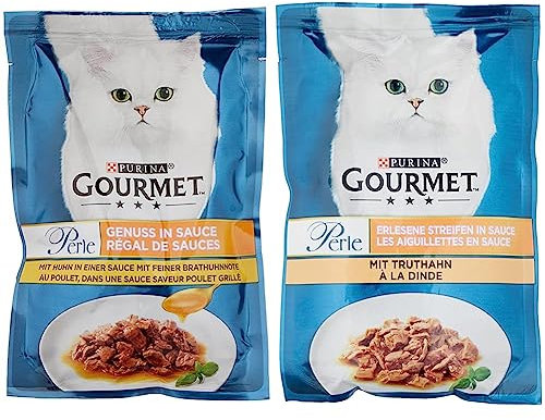 PURINA GOURMET Perle Genuss in Sauce Katzenfutter nass, mit Huhn, 26er Pack (26 x 85g) & Perle Erlesene Streifen Katzenfutter nass, mit Truthahn, 26er Pack (26 x 85g)