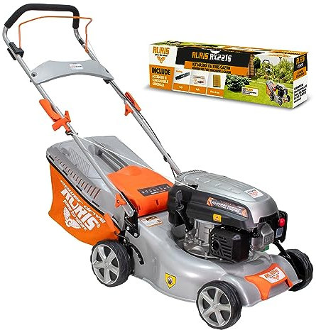 RURIS Tondeuse à Gazon RX221S, Thermique 3,5 CV, 42 cm, Sac 45L, 3 en 1: Collecte, Éjection Arrière, Mulching, Châssis Acier, Hauteur de Coupe 25-75 mm, Kit Inclus: Lame, Bougie, Filtre à Air