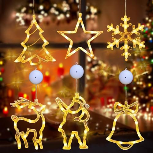 6er Set LED Saugnapf Weihnachten Lichter,LED Fenster Hängende Lichterkette,LED Fenster Lichterkette Batteriebetriebene Mit Saugnäpfe,Weihnachtsbeleuchtung Hängende für Weihnachten Deko,Balkon,Party