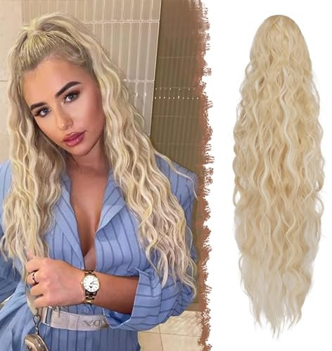 FESHFEN Lange Zopf Pferdeschwanz Haarextension mit kordelzug Lang Wellig Lockig Blond gemischt Bleichblond Synthetik Haarverlängerung Natürliches Clip in Haarteil Ponytail Kunsthaar Haarzopf für Damen