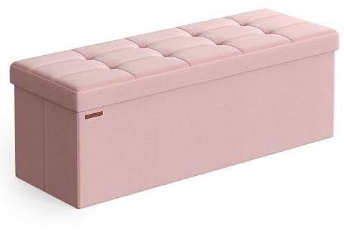 SONGMICS MAZIE Collection - Storage Ottoman Bench, 110 cm Folding Foot Rest Stool, End of Bed Bench, Easy Assembly, for Living Room, Bedroom, Entryway, Jelly Pink LSF077R51