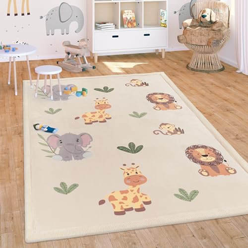 Paco Home Teppich Kinderzimmer Baby Krabbeldecke Krabbelmatte Spielmatte Waschbar rutschfest Regenbogen Planet Sonne Tiere Weich, Grösse:80x150 cm, Farbe:Beige