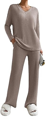 Geagodelia Damen Ribbed Zweiteiler Lounge Set Hausanzug Strick Loungewear Hosenanzug Elegant 2 Teiler Set Top + Hose Tracksuit Kleidung Outfit Anzug (A - Khaki, M)