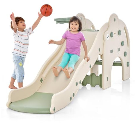 DREAMADE Toboggan Enfant en Forme d'Éléphant avec Panier de Basketball & Ballon, Toboggan 4 en 1 avec Zone Tampon & Marches Antidérapantes, pour Tout-Petits 18-48 Mois (Vert)