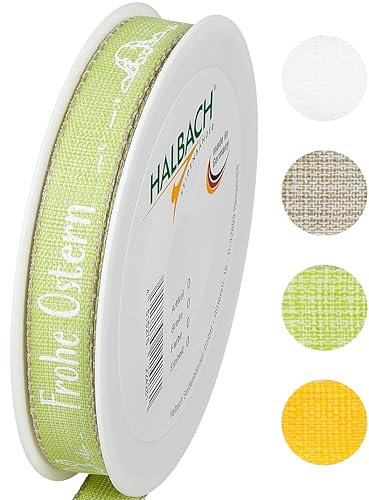 Halbach Seidenbänder Geschenkband Ostern - 15mm x 20m - Dekoband für Ostern Schriftzug Frohe Ostern - Schleifenband Leinen für Ostergeschenke - Farbe: grün/weiß