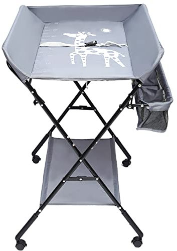 MEHOOSPVN Baby Wickelkombi - klappbare Wickelkommode, mobiler Wickeltisch mit Wickelauflage, Sicherheitsgurt und Ablagefächern, platzsparend & stabil - Punkte Grau Höhenverstellbarer Windelwechsel