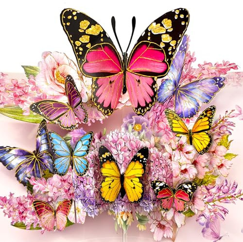 YianHien Geburtstagskarte Pop Up Frauen, Rosa Schmetterling und Blumen Geburtstagskarte mit Umschlag, 3D Schmetterling Karte für Freundin Ehefrau Mama Schwestern zum Geburtstag Hochzeit Jubiläum