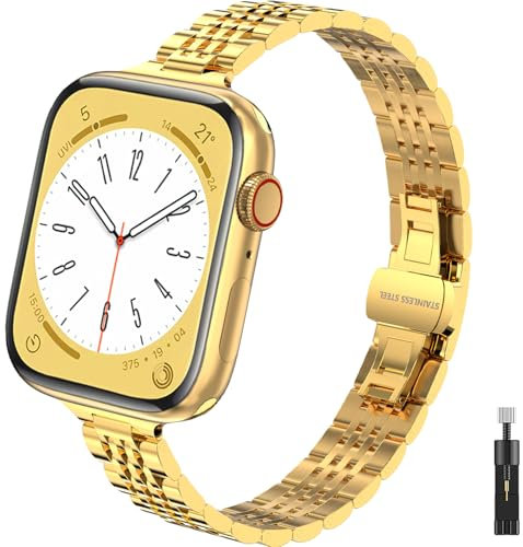 Cinturino Stretto compatibile con Apple Watch 42mm 44mm 45mm Metallo Cinturini per Apple Watch Band 9 8 7 6 5 4 3 2 1 SE Serie Cinturino in acciaio inox per iWatch Donna, oro