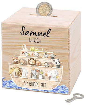 Bärenfreunde® - Personalisierte Spardose Kinder aus Holz mit Metallschloss - Spardose mit Namen mit kinderfreundlichem UV-Druck zum Sparen für Kinderträume (Taufe Tiere rundlich)