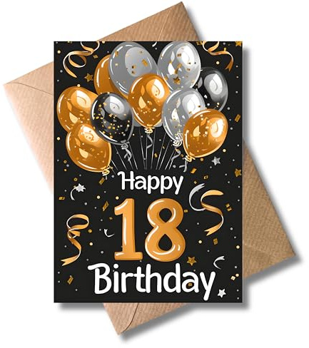 WBdesignz Geburtstag Karte mit Umschlag - Elegante Geburtstagskarte 18 Jahre “Happy Birthday - Schwarz Gold Ballons 18ter Geburtstag - Volljährigkeit (DIN A6)