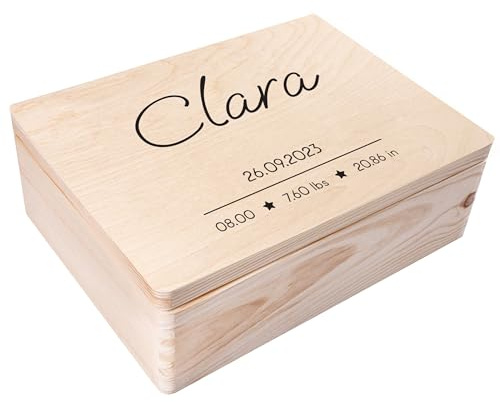 Creative Deco Erinnerungsbox Baby Personalisiert mit Namen | 40 x 30 x 14cm | Sterne | Individuelle Erinnerungskiste Geschenk zur Geburt für Mädchen und Jungen | Holzkiste mit Deckel