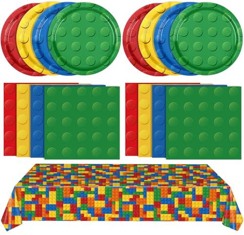 81 PCS Building Block Birthday Party Supplies Colorful Building Block Themed Tableware Set Blocks Themed Disposable Plates Napkins Tablecloth for Boys Kid’s Birthday