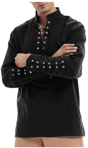 Prime Deal, Mittelalter Kleidung Herren Vikings Piraten Leinenhemd Hemd Festival Gothic Kurzarm Rüschenhemd Leinen Vintage Piratenkostüm Henley Shirt Steampunk Trachtenhemd Cosplay Schottisch Tunika