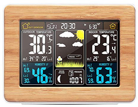 ALLOMN Kabellose Wetterstation, Farbdisplay LCD Digitale Wetterstation mit Sensor, Wecker, Temperatur Feuchtigkeits Monitor, Barometrisch, Wettervorhersage für Zuhause, Büro, Garten, Bauernhof (Gelb)