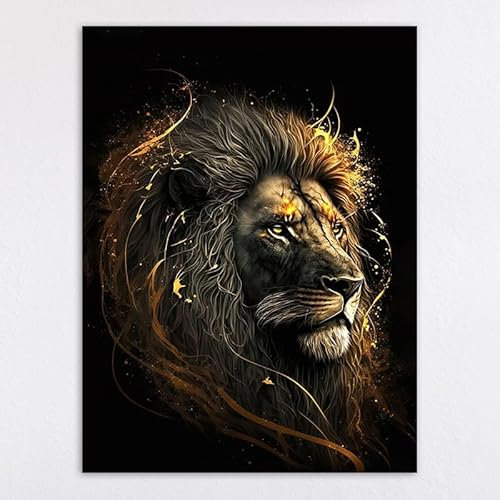 Bilder Goldener Löwe Leinwand Bilder Mit Holzrahme, Moderne Wandbilder Wohnzimmer, Rahmen Kunstdruck Gemälde,Deko Bilder Für Wohnzimmer Schlafzimmer 15X20Cm