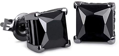 KRKC Silber Herren Ohrstecker, Schwarz S925 Sterling Silber Quatrat Iced CZ Ohrringe, Nickelfrei Hip Hop Ohr Schmuck für Männer(Quatrat-Zirkonia)
