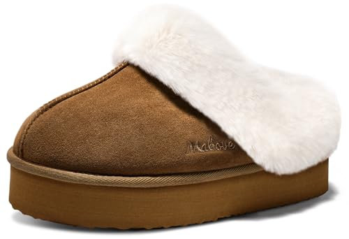 Mabove Plateau Hausschuhe Damen Warme Memory Foam Winter Plattform Slippers Braun 40