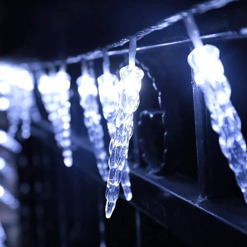 KINGCOO 20LED Eiszapfen Lichterkette Außen und Innen, Wasserdicht 3M LED Eiszapfen Rohr Meteorschauer Lichter Batteriebetrieben für Balkon Party Haus Garten Weihnachtsbeleuchtung Deko (3M Weiß)
