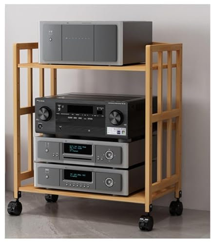 Moderno supporto audio in legno con supporto mobile per giradischi, 2 ripiani, altezza 77 cm, ideale per soggiorno o ufficio.