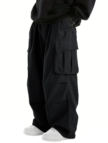 WZIKAI Men's Baggy Cargo Pants Elastic Waist Drawstring Parachute Cargo Pants Casual Loose Fit Joggers Hiking Hip Hop Pants with Pockets Black M