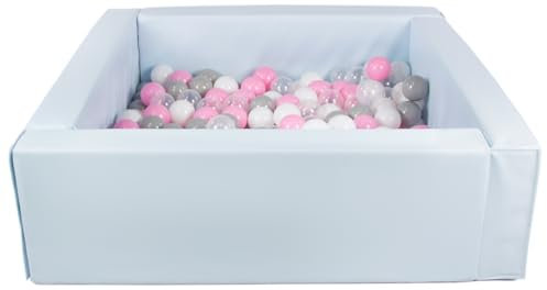 Velinda Piscine à balles carrée avec 200 balles, Cuir écologique, 5 éléments (Couleur de la Piscine/de balles: Bleu (Pastel)/Blanc, Transparent, Rose Clair, Gris)