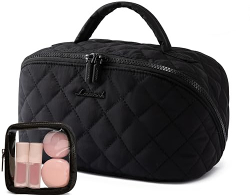 LOVEVOOK Kosmetiktasche Damen, Kulturtasche groß, Schminktasche Organizer | Wasserdichte, weich gepolsterte Make-up Tasche mit Fächern, 180°-Flachdesign waschmaschinenfest für Reisen & Alltag, Schwarz