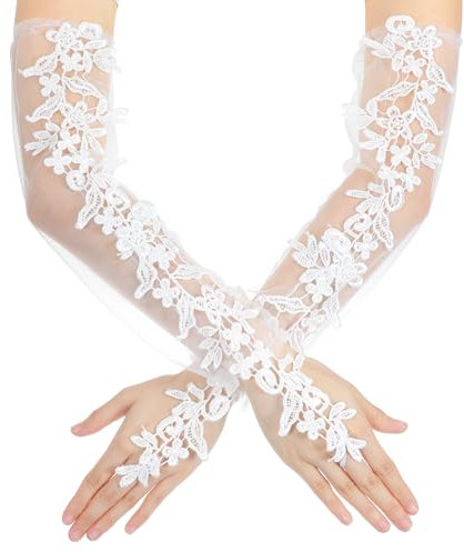 Lnngub 2 Stück/1 Paar Lange Fingerlose Spitzenhandschuhe für Damen, 49 cm Weiße Fingerlose Lange Handschuh Blumenspitze Brauthandschuhe aus Polyester für Hochzeiten, Partys, Aufführungen, Tanzpartys
