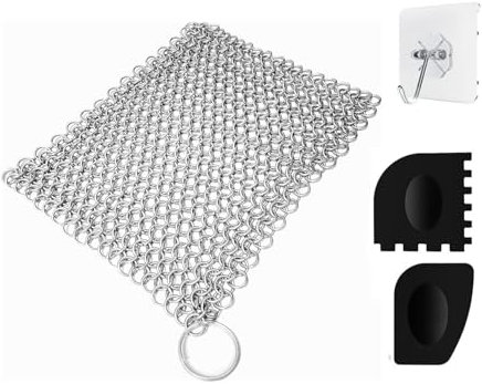 JZK Gusseisenreiniger Set, 18x18 cm Gusseisen Pfannen Kettenhemd Schrubber, Edelstahl Ringreiniger Schaber Reinigung Bürste für Dutch Oven Grillplatte Bratpfanne Topf Wok Kochgeschirr