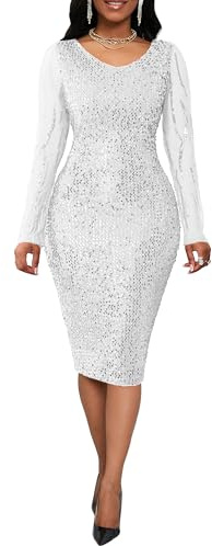VERWIN Sequins Bodycon Sparkly V-Neck Midi Long Sleeve Prom Party Cocktail Dress