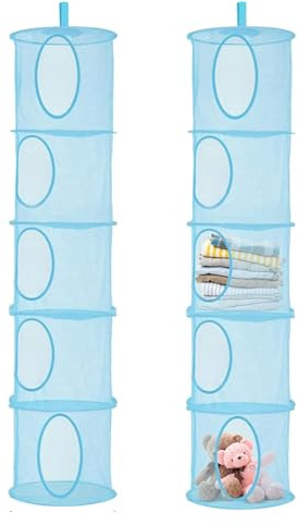 Teddy Storage Hanging Mesh, 2PCS Hanging Toy Storage Net, 5 Tier Mesh Storage Basket for Soft Toys Clothes Sundries(Blue)