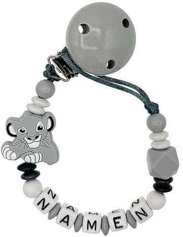 Nuckelkette mit Namen  LÖWE  in verschiedenen Farben/Baby/Unisex/Personalisiert/HANDMADE (Hellgrau Grau Weiß)