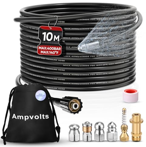 Ampvolts 10 m Rohrreinigungsschlauch Set, 5 Düsen, Messingadapter | 400 bar/5800 PSI, 5 Düsen und Messingadapter, passend für Karcher K2 K3 K4 K5 K6 K7, für Rohre und Abflüsse