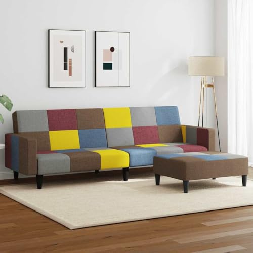 mzdioop Schlafsofa 2-Sitzer mit Fußhocker, Patchwork Stoff, Mehrfarbig, Verwandlungssofa für Wohnzimmer, Gästezimmer, Büro, Platzsparend, Robust