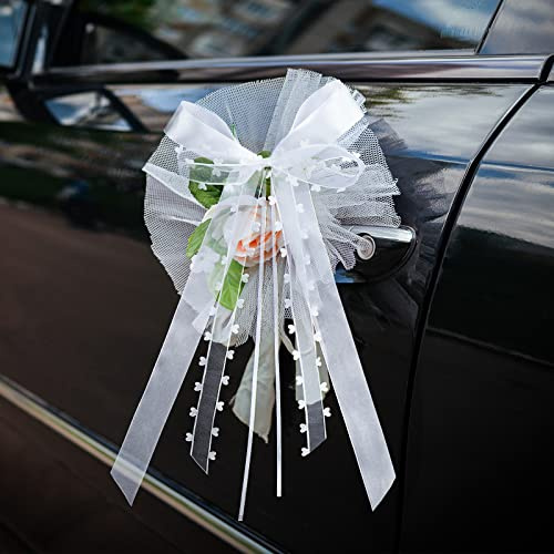 Roplua 50 Stück Übergroße Autoschleifen Hochzeit Schleifen Hochzeit Deko Vintage Antennenschleifen, Weiß Mit Herzen Schleifen Hochzeit Auto Handgemacht Satinband für Hochzeits, (ca. 33 × 16 cm)
