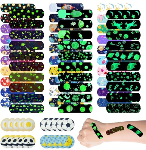 60 Pcs Tiritas Infantiles Efecto Brillante en La Oscuridad Múltiples Diseños de Dibujos Animados Impermeable Apto para El Cuidado de Heridas 72x19mm con 20 Tiritas Redondas Pequeñas