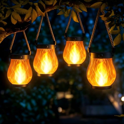SLWOO Solarlampen für Außen Hängende 4 Stück Solar Laternen für Draußen | mit Realistische Flammeneffekte, IP65 Wasserdicht Solarleuchten Gartendeko mit Hanfseil für Außen Balkon Terrasse Halloween