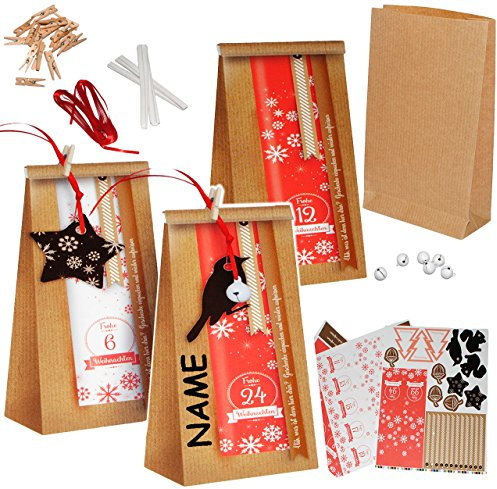 alles-meine.de GmbH Weihnachtskalender - 24 Geschenktüten/Adventstütchen - Bohemian - Nostalgie - incl. Name - zum Befüllen & selbst gestalten + Zahlenfähnchen - selber Bas..