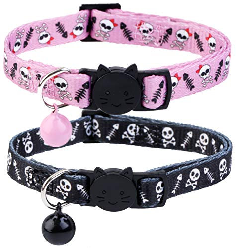 BoomBone Totenkopf-Katzenhalsband mit Glöckchen, 2 Stück, sicheres Halloween-Welpenhalsband aus Nylon, Schwarz-Weiß, Unisex, Größe 17,8 cm - 27,9 cm für Katzen und kleine Hunde