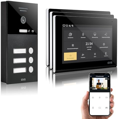 GVS - IP Video Türsprechanlage 3 Familienhaus mit Türöffner, HD Kamera, 3X 7 Zoll Monitor & App - Smarte Video Türklingel mit Kamera & Gegensprechanlage (AVS1291A)