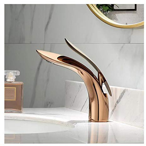 GLYYR Mitigeur Lavabo Monocommande Robinet Salle de Bain Monotrou Robinet Lavabo en Laiton Robinetterie Vasque Monté sur Le Pont Robinet Vasque avec Eau Chaude et Froide,Rose Gold