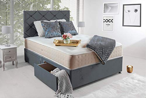 GHOST BEDS Haniya Plush Divan Bed With Memory Sprung Mattress, 2 Drawers and 24 Inch Headboard (4FT Small Double, Grey)