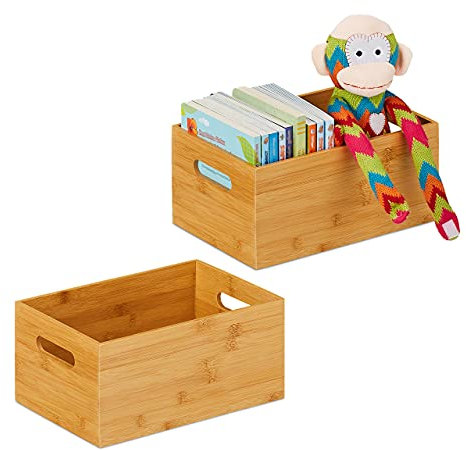 2 x Aufbewahrungskiste Bambus, stabil, offen, Ordnungsbox ohne Deckel, H x B x T: 14 x 30 x 20 cm, Bambuskiste, natur