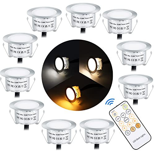 SMY Lighting Lot de 10 Spots LED Encastrables Terrasse 3 Couleurs Dimmable avec Télécommande, IP67 Étanche, DC12V 0.8W Ø42mm Spot Encastrable Exterieur pour Escalier Bois Jardin Cuisine