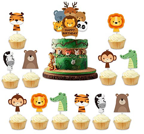 13pcs Zoo Animal Happy Cake Toppers - Safari Jungle Theme for Kids Boy Girl 1st-4th Birthday & Cupcakes