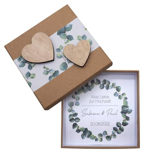 ZauberDeko Geldgeschenk Verpackung Personalisiertes Geschenk Hochzeit Herz Kraft Eukalyptus Blätterkranz Mit Namen